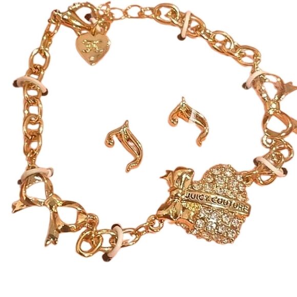 Juicy Couture Rhinestone Heart Bracelet Chain Bracelet & J Logo Earrings - Picture 4 of 7